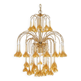 Vintage gold rain chandelier with amber Murano glass flowers.