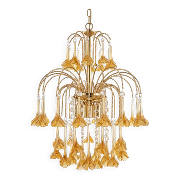 Vintage gold rain chandelier with amber Murano glass flowers.