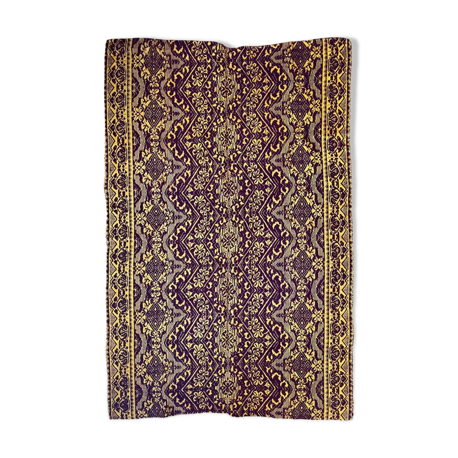 Vintage Romanian carpet design brown purple on yellow background 185x130cm