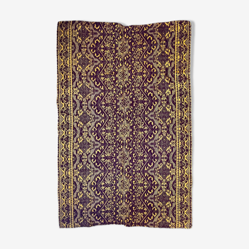 Tapis vintage roumain design marron violet sur fond jaune 185x130cm