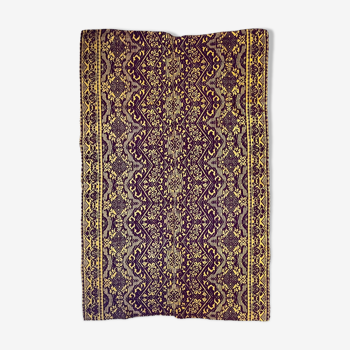 Vintage Romanian carpet design brown purple on yellow background 185x130cm