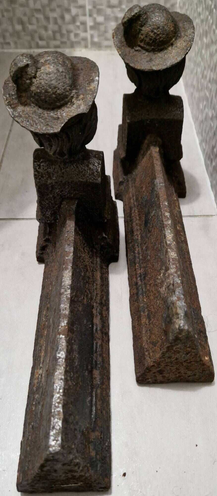 Pair of antique cast iron fire dogs Neo-Renaissance busts France late 19th century
