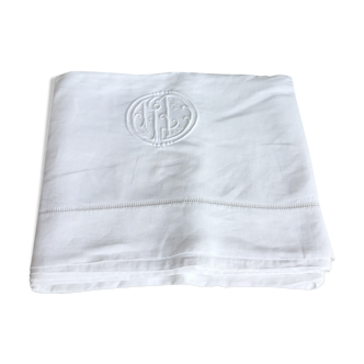 Old linen sheet/ MD monogram embroidered cotton
