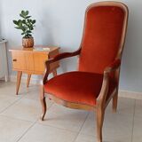 Walnut and velvet voltaire armchair