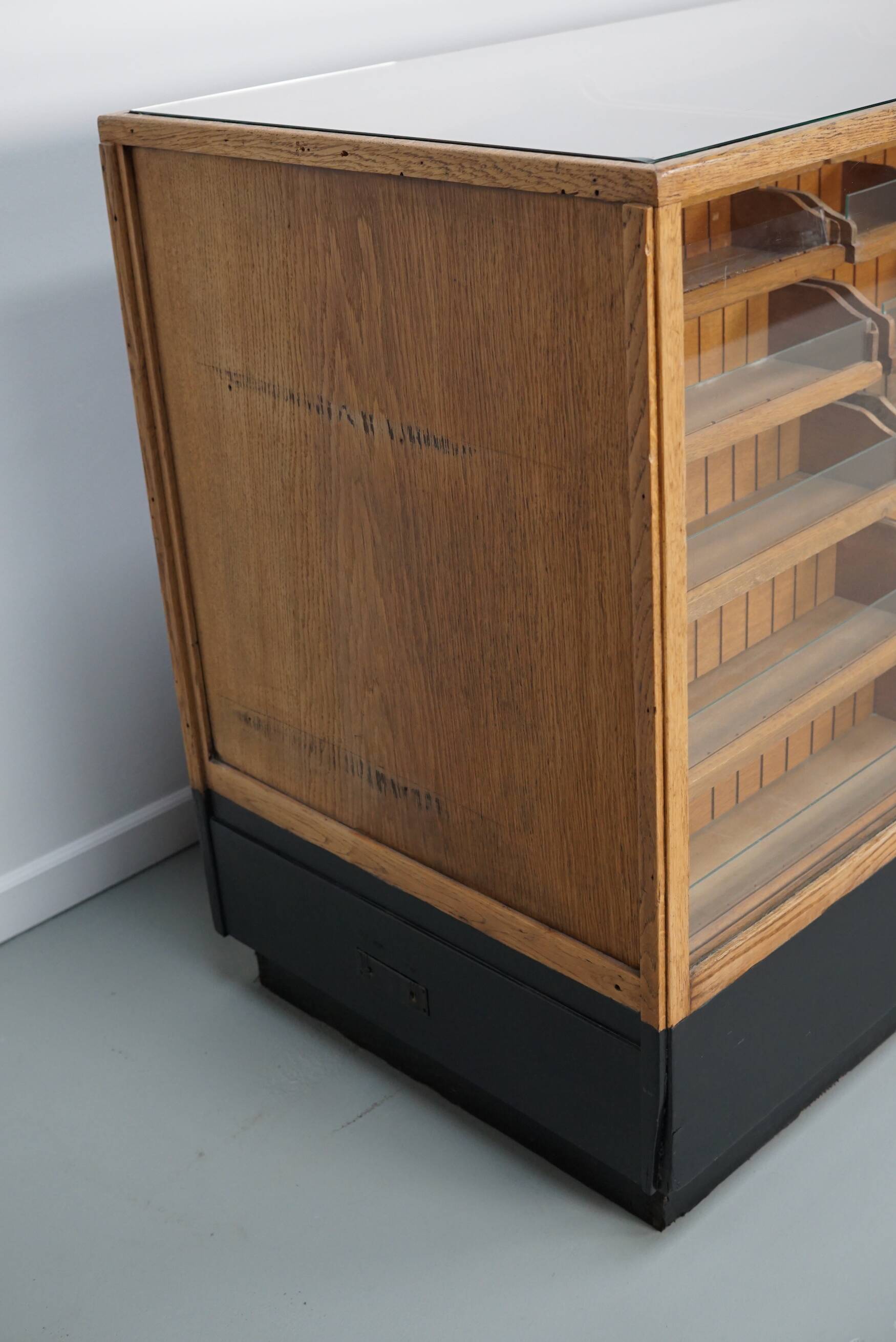 Vintage German Oak Glass Shop Counter Haberdashery Cabinet Vitrine, ca 1950