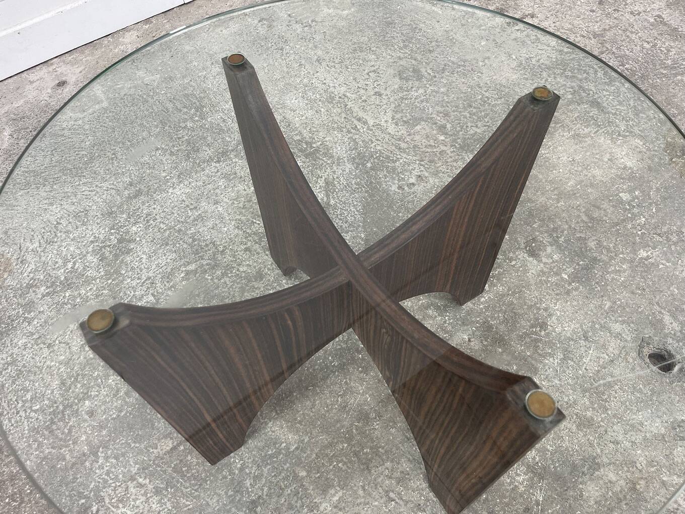 1950s glass and rosewood coffee table