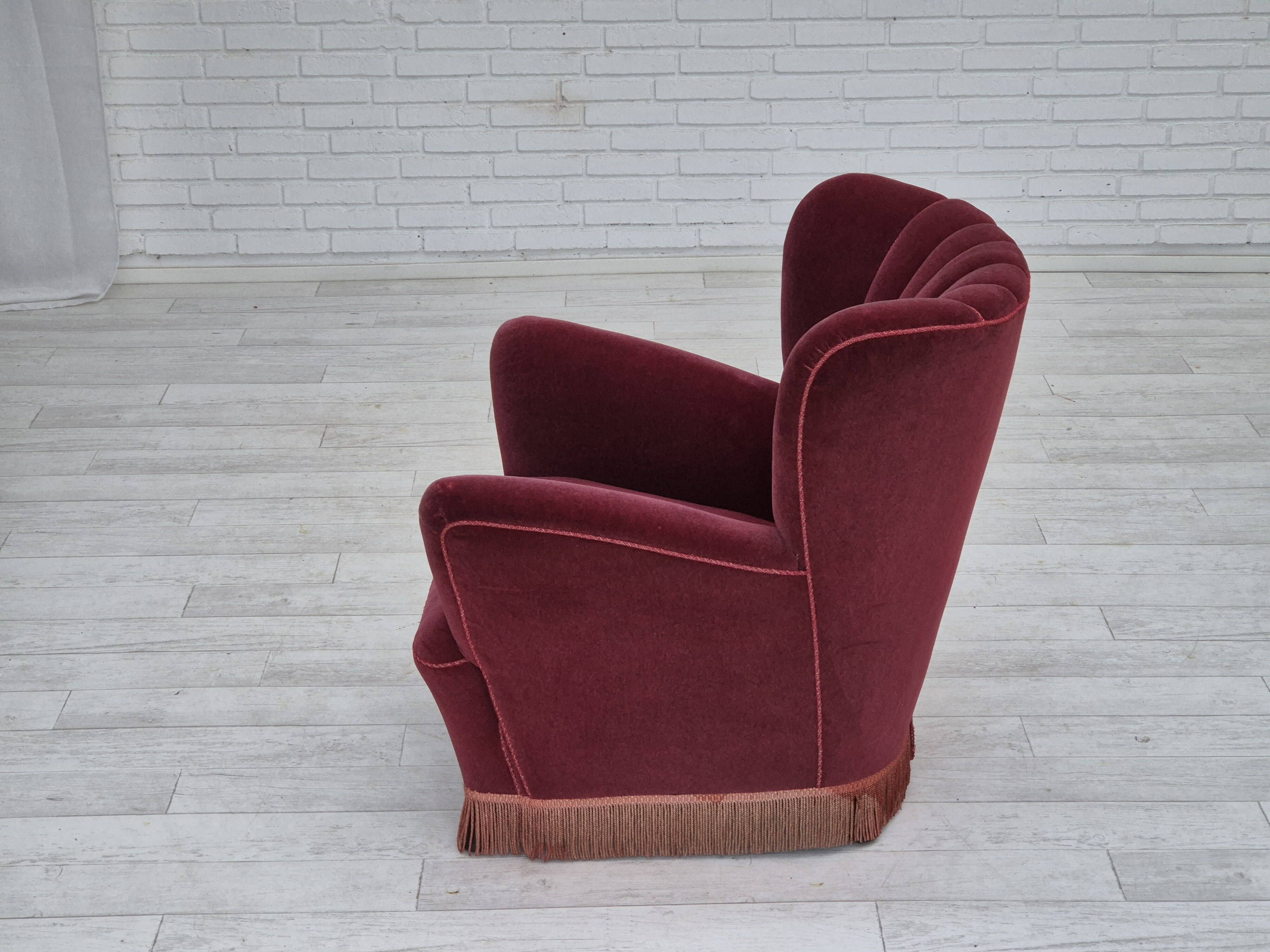 1960s, Danish armchair, original condition, cherry-red furniture velour.
