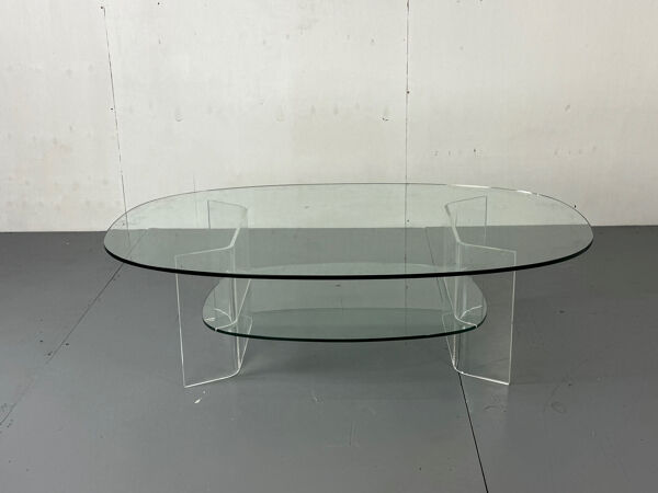 Table basse en verre et plexiglas moderne italienne de l'ère spatiale, années 1990.