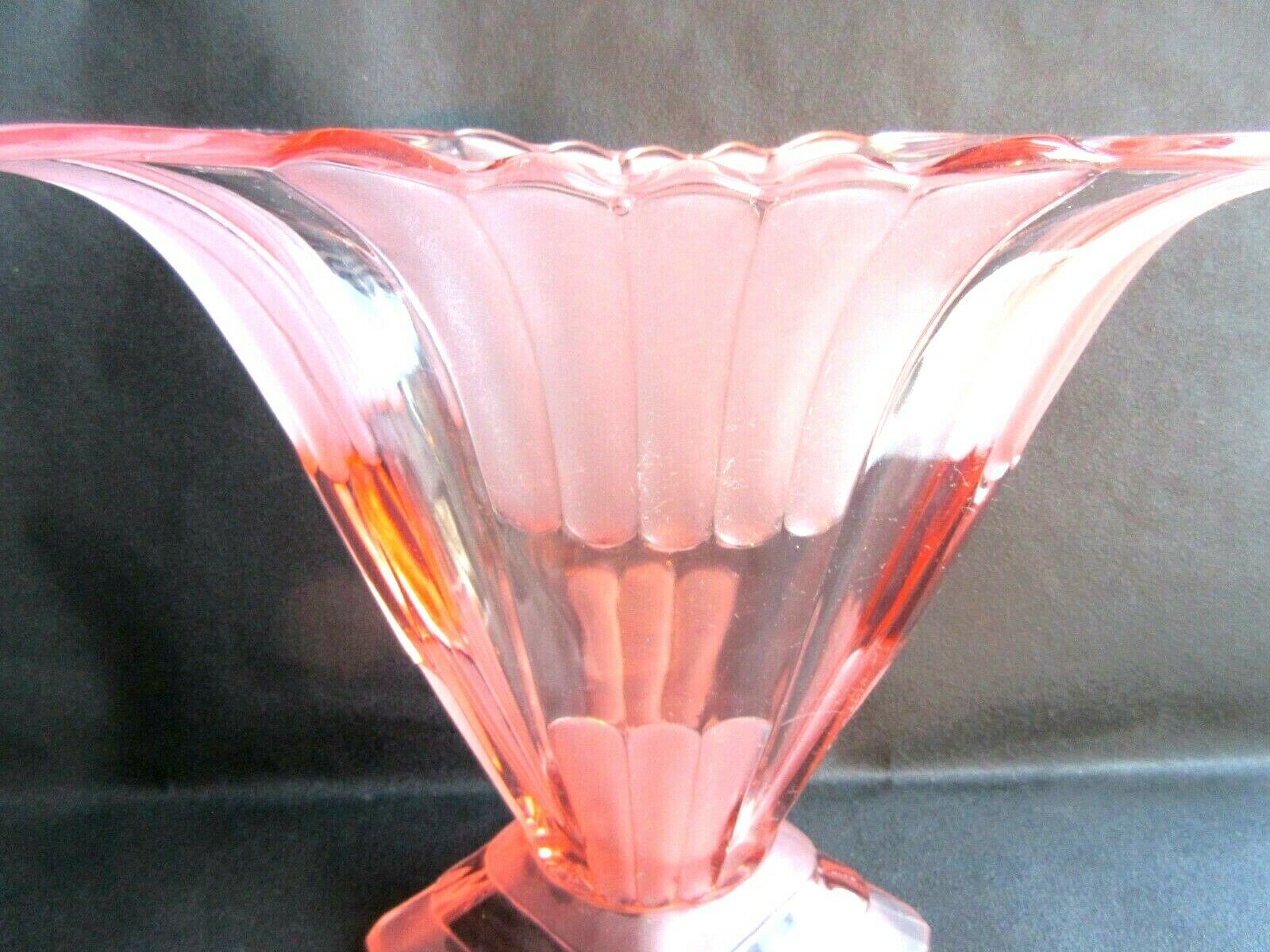 Large fan vase, glass, bright pink and frosted, Art Deco