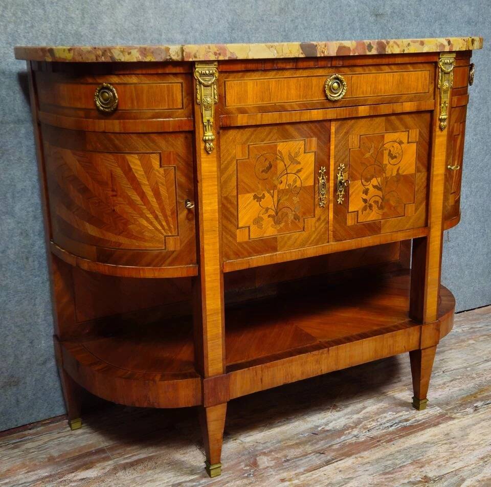 Commode / Half-moon sideboard inlaid – Marble top – Louis XVI style -