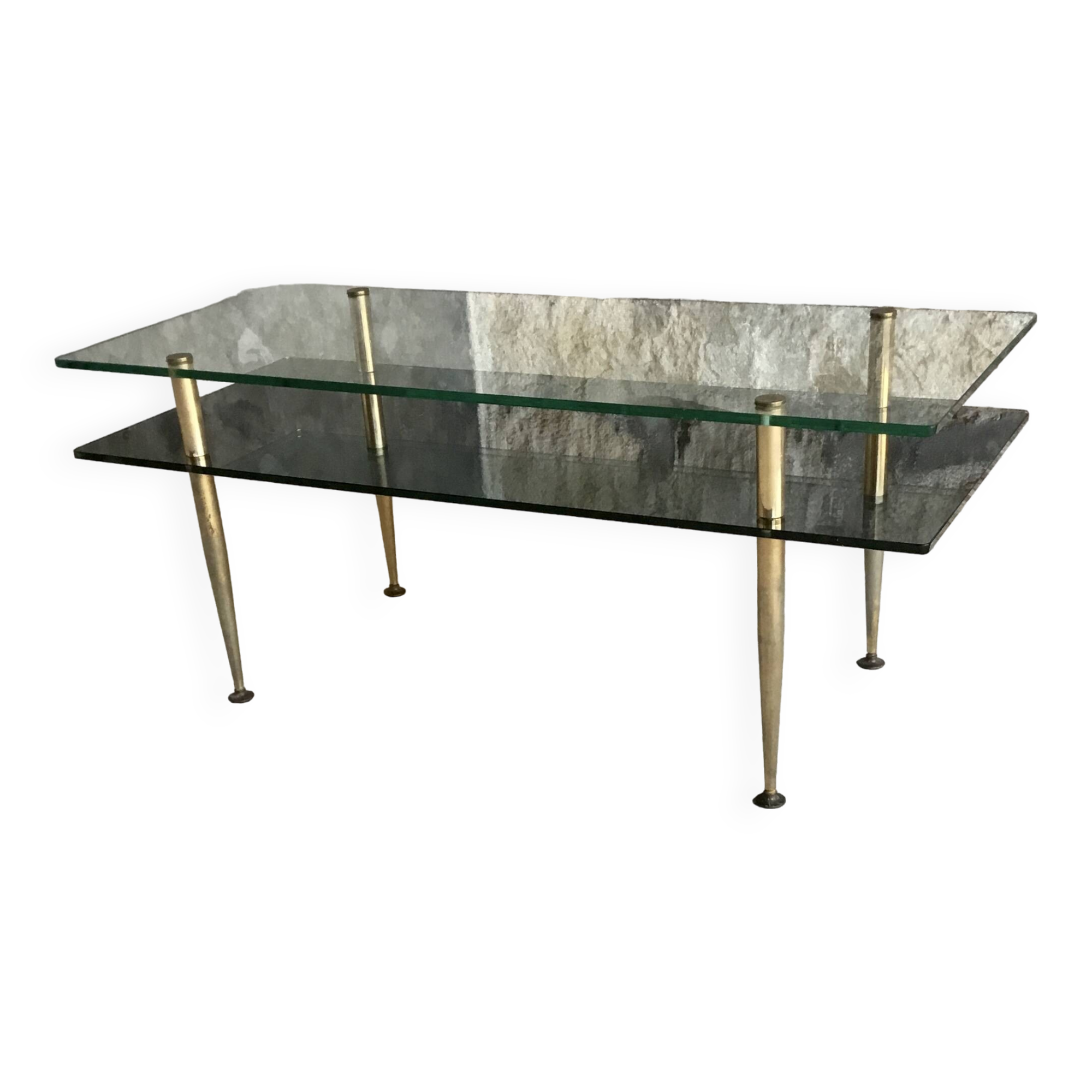 Table basse rectangulaire à double plateaux en verre - design Moderniste 1960