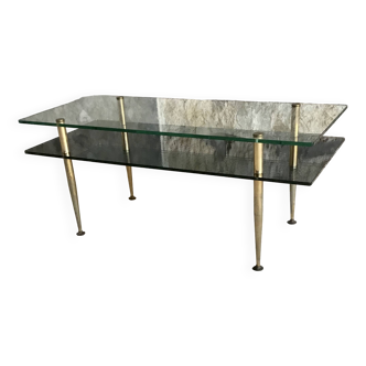 Table basse rectangulaire à double plateaux en verre - design Moderniste 1960