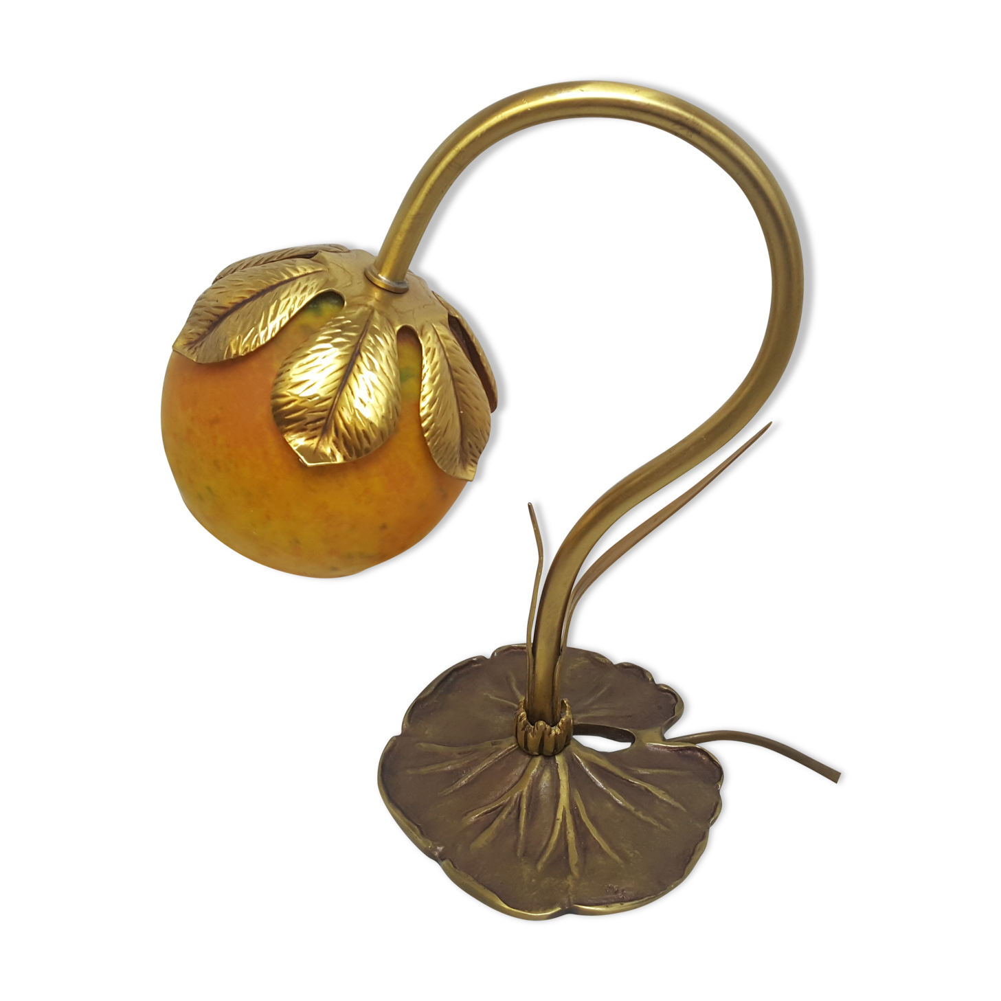Bronze water lily foot lamp and Art Nouveau style glass paste