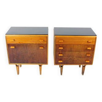 Set Of Mid Century Bedside Tables In Walnut And Black Glass, Czechoslovakia