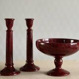 Bougeoirs et coupe en céramique mouchetée .