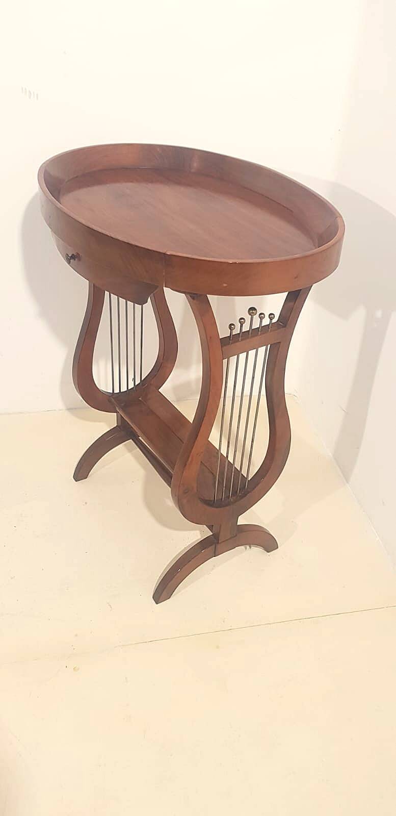 Vintage French Side Table with Lyre-Shaped Legs and Oval Tray Top