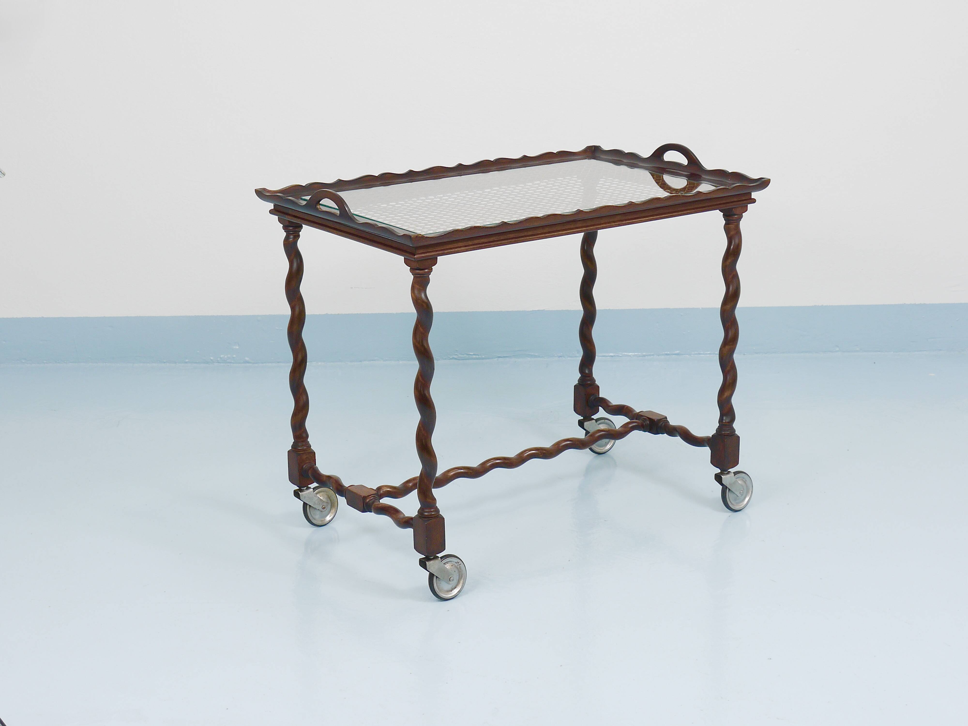 Antique Neo-Baroque Italian Barley Twist Bar Cart Serving Trolley, 1920s