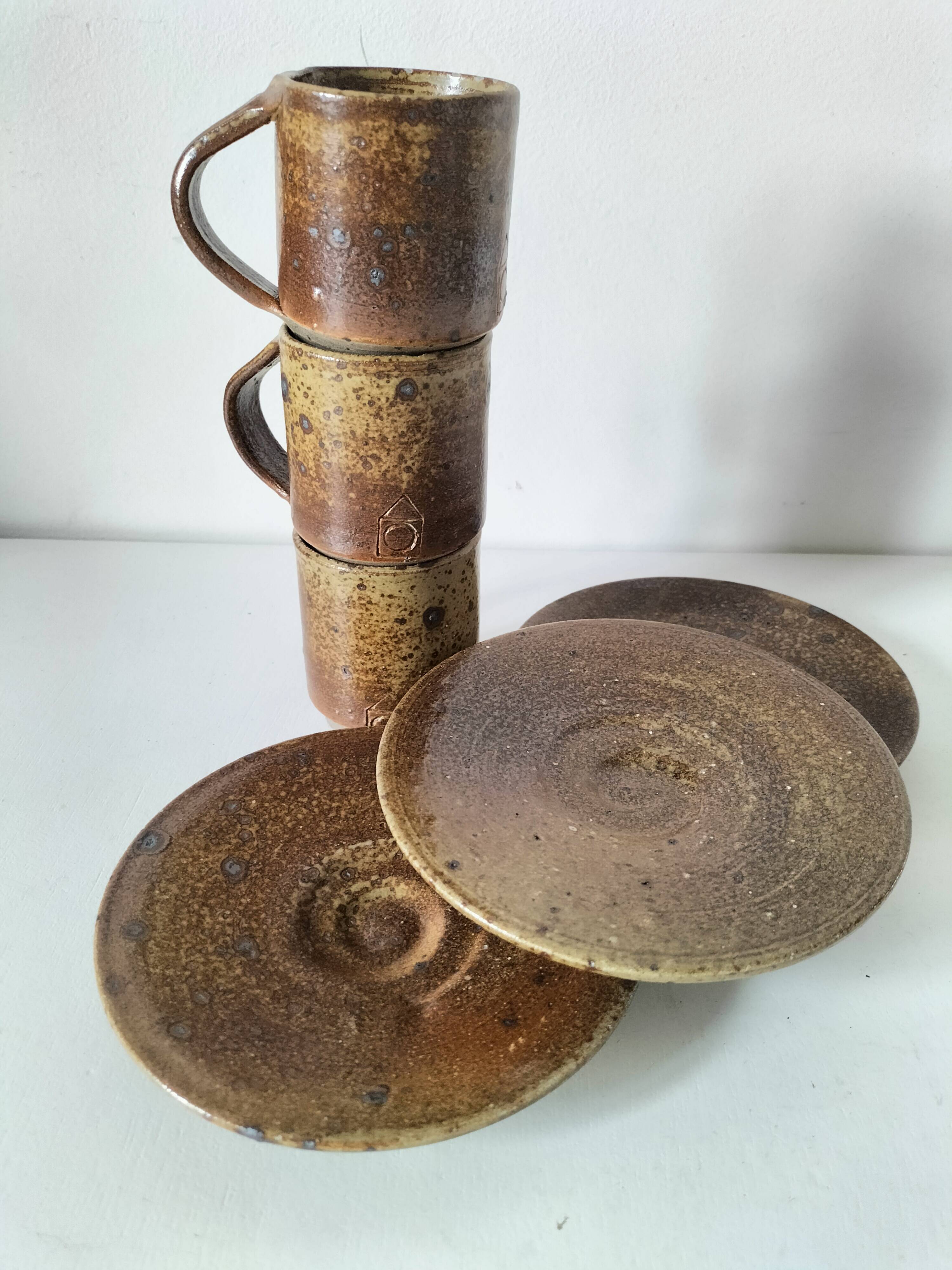 Set of three cups and saucers in pyrite stoneware - Charles Gaudry, Puisaye