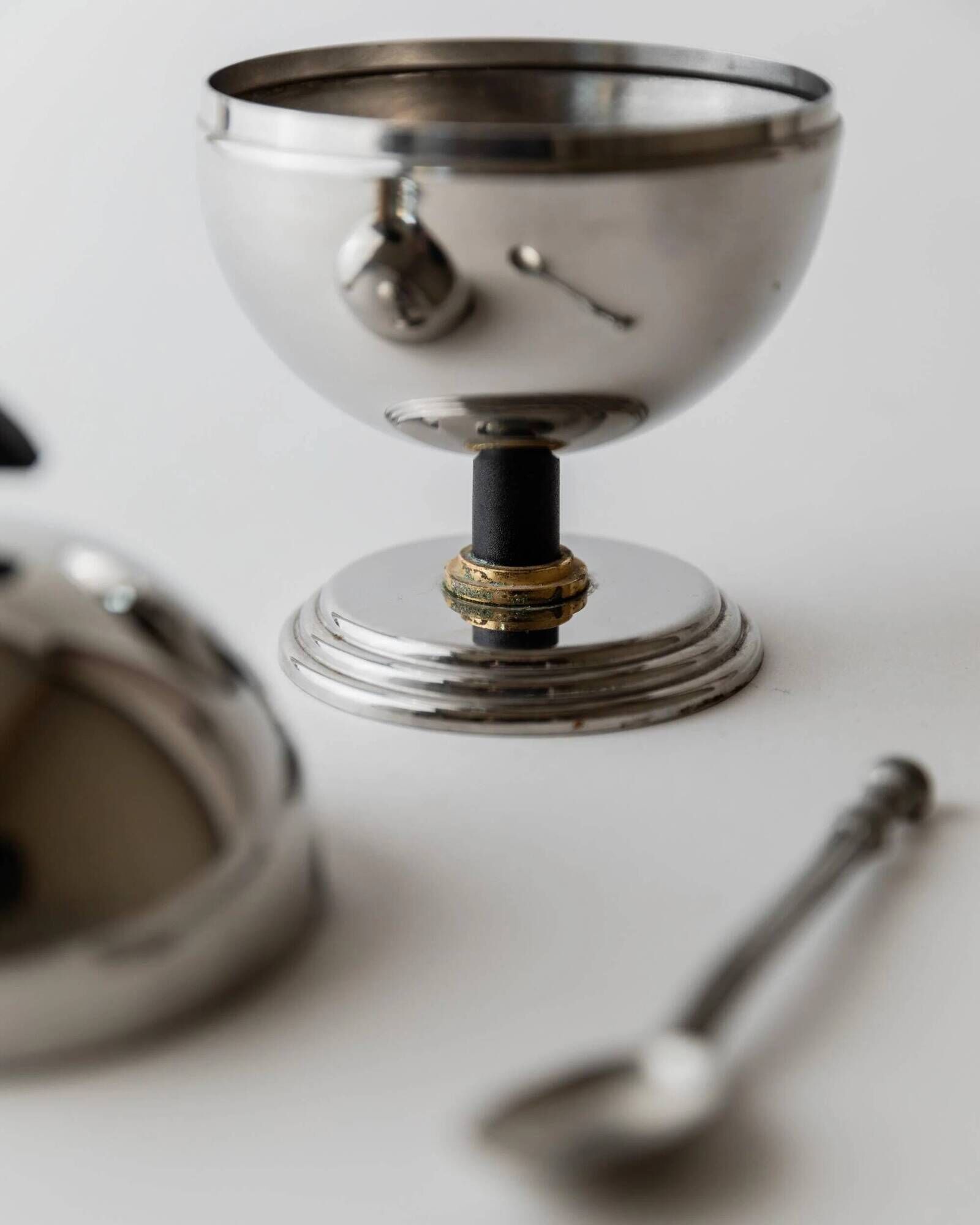 Vintage 1980s set of sugar or jam bowls, stainless steel and brass serving bowls, elegant postmodern tableware, breakfast service, gift idea.