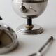 Vintage 1980s set of sugar or jam bowls, stainless steel and brass serving bowls, elegant postmodern tableware, breakfast service, gift idea.