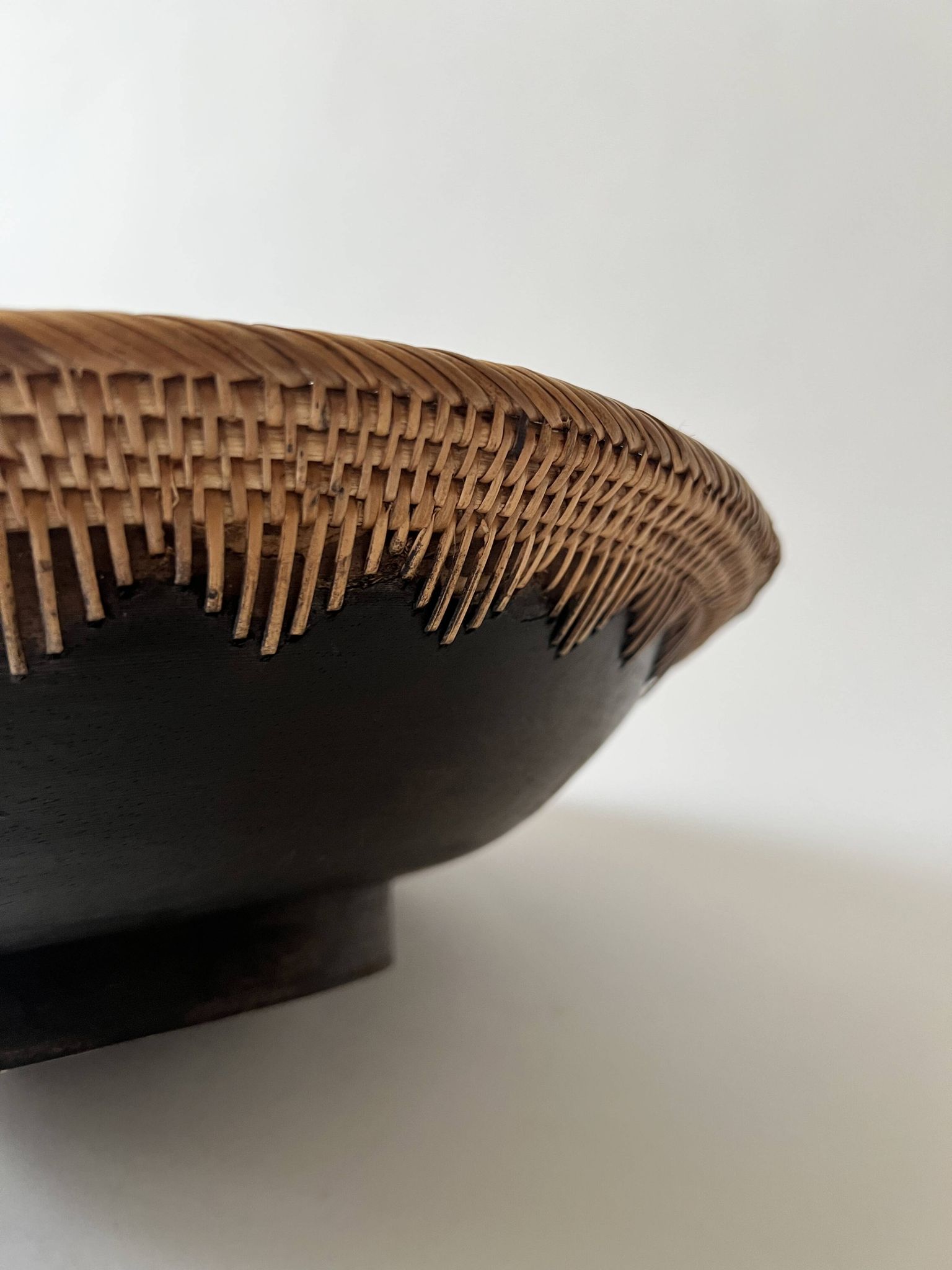 Large basket/trinket tray in blackened wood, wickerwork & mother-of-pearl