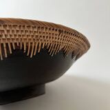 Large basket/trinket tray in blackened wood, wickerwork & mother-of-pearl
