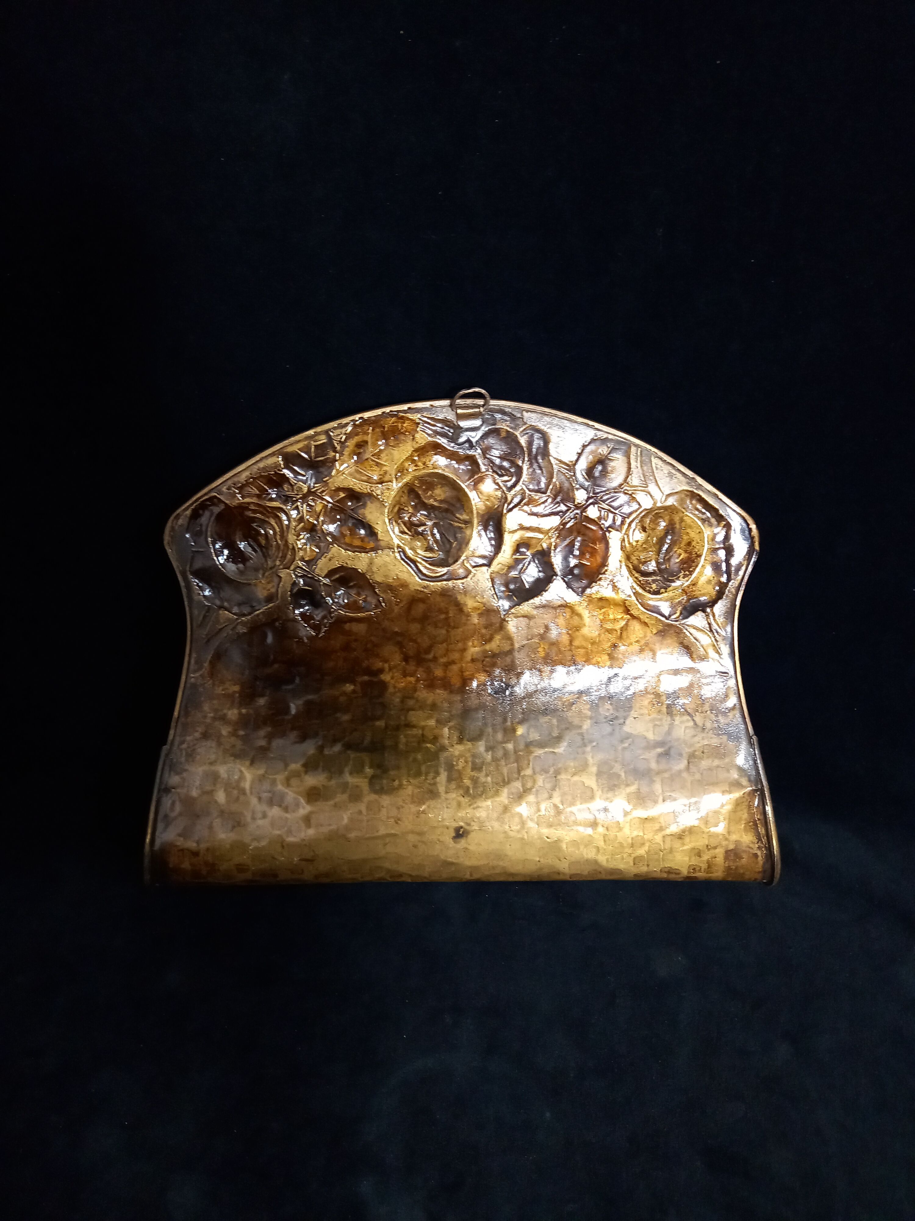 Art nouveau brass wall magazine rack with rose decoration