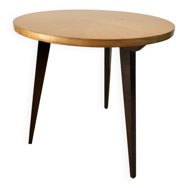 Table basse tripode en bois et marqueterie bicolore design scandinave 1950