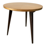 Table basse tripode en bois et marqueterie bicolore design scandinave 1950