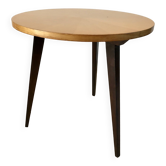 Table basse tripode en bois et marqueterie bicolore design scandinave 1950