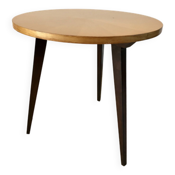 Table basse tripode en bois et marqueterie bicolore design scandinave 1950