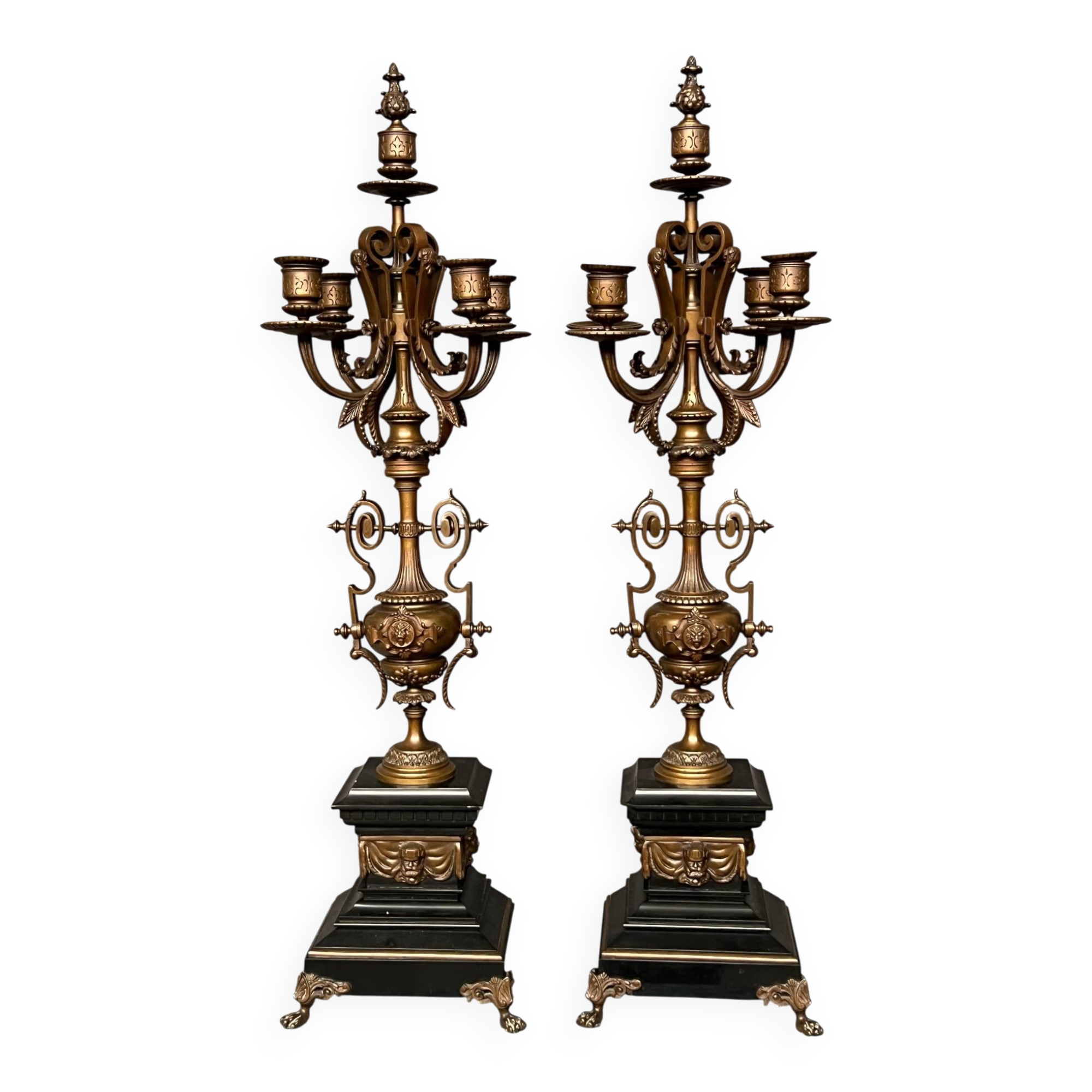 Pair of large Renaissance-style candlesticks. Marble. Solid bronze.