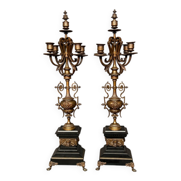 Pair of large Renaissance-style candlesticks. Marble. Solid bronze.
