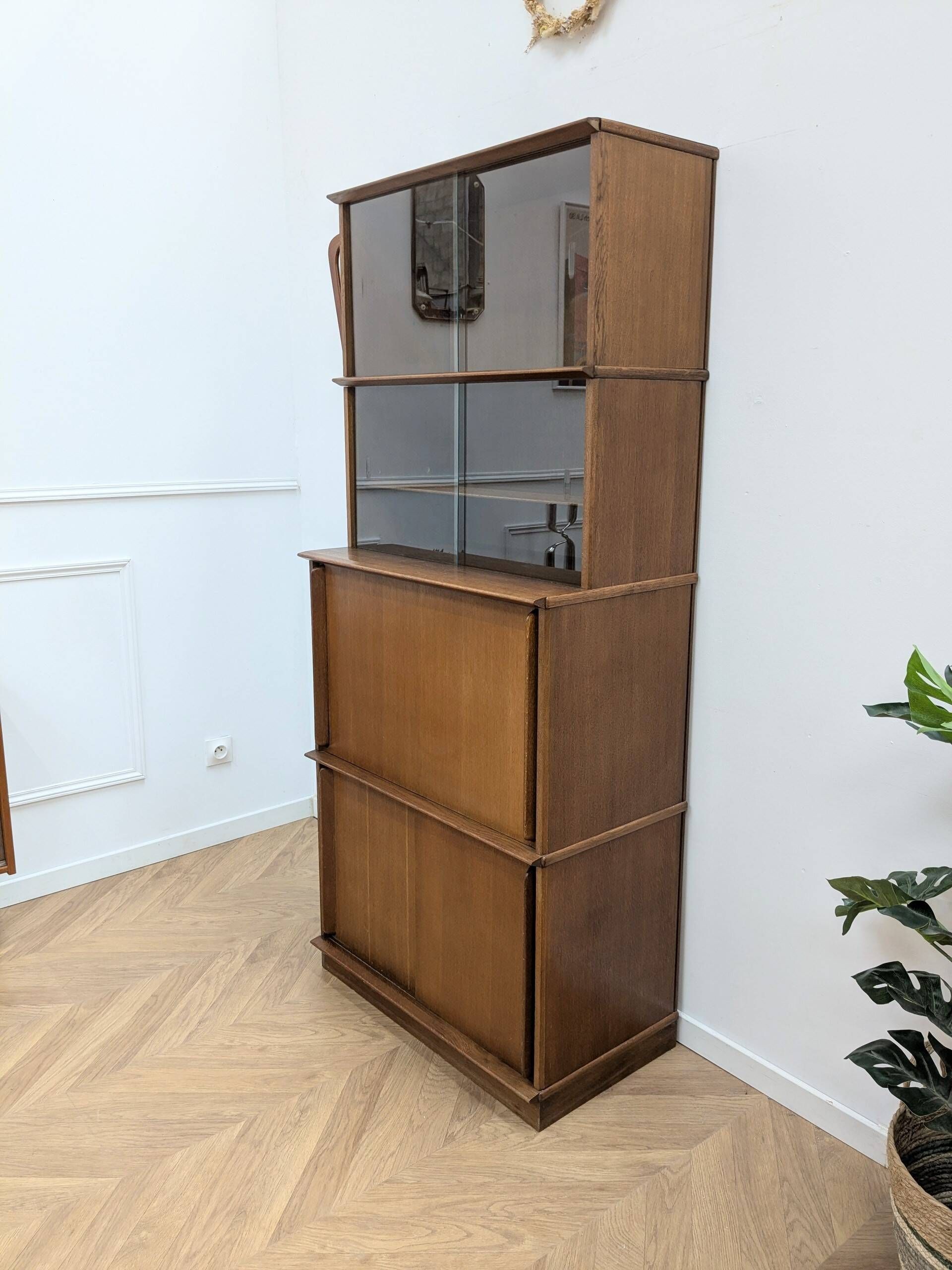 Vintage library by Didier Rozaffy for Oscar, oak and glass, 1950s.