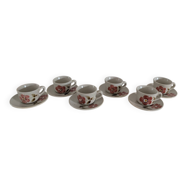 Saint-Amand Camelia – 6 tasses et soucoupes peintes main – 1950/1960