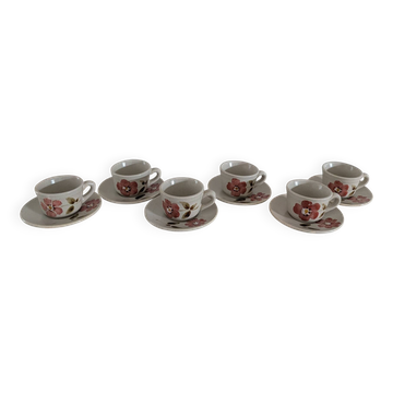 Saint-Amand Camelia – 6 tasses et soucoupes peintes main – 1950/1960