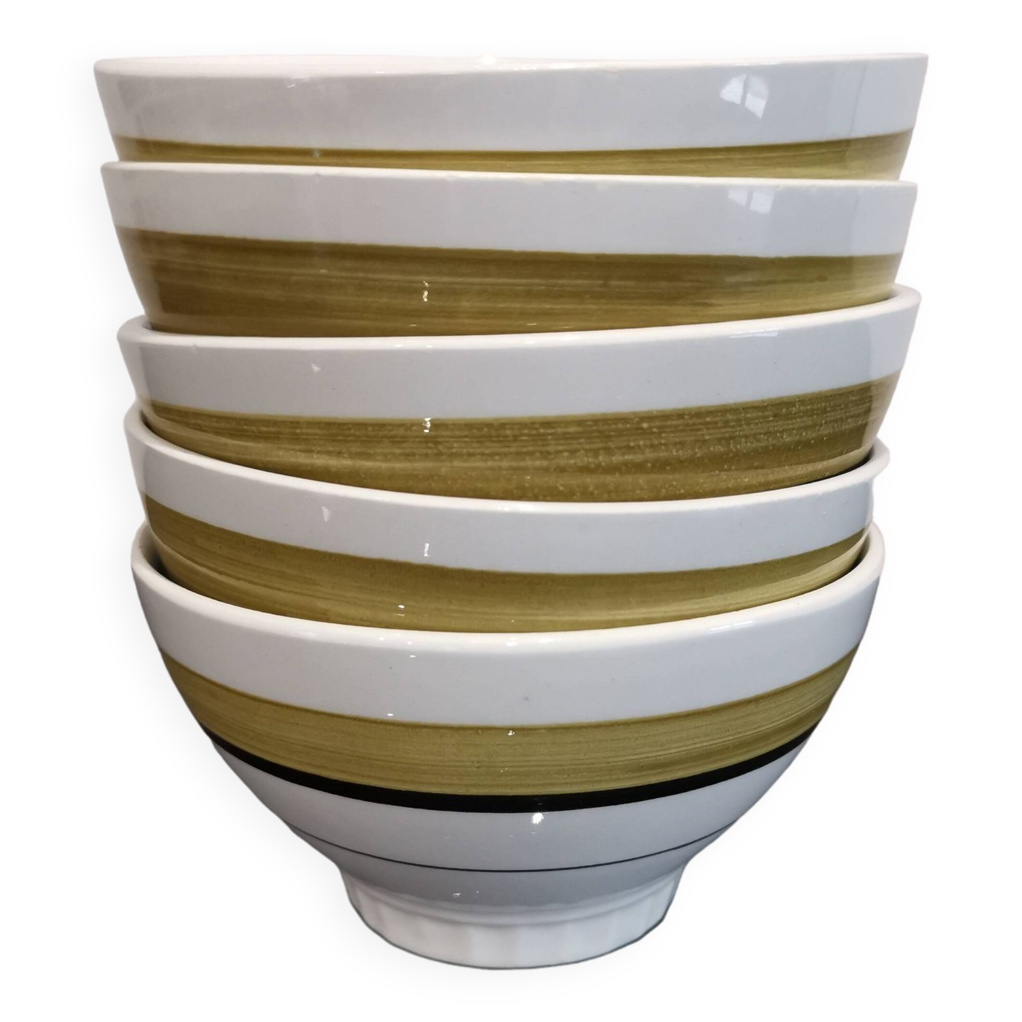 Series of 5 small old earthenware bowls with olive green edging