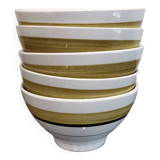 Series of 5 small old earthenware bowls with olive green edging