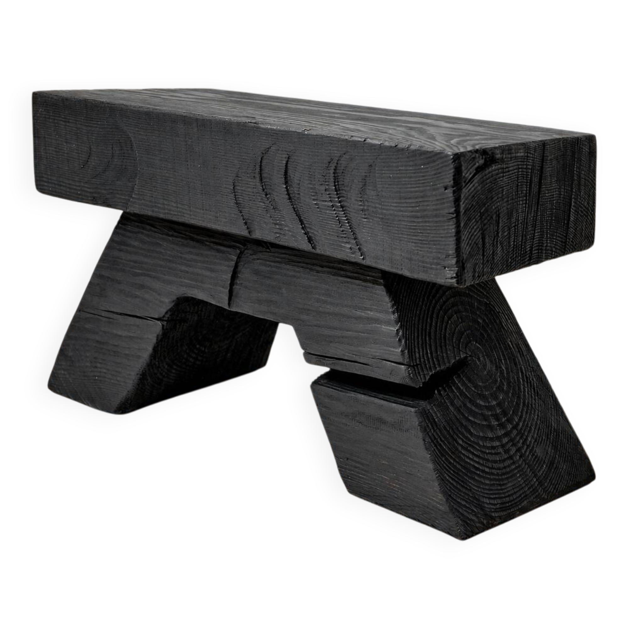 Sculptural Hardwood Stool, Side Table, Charred Wood, Hand-Carved, Logniture