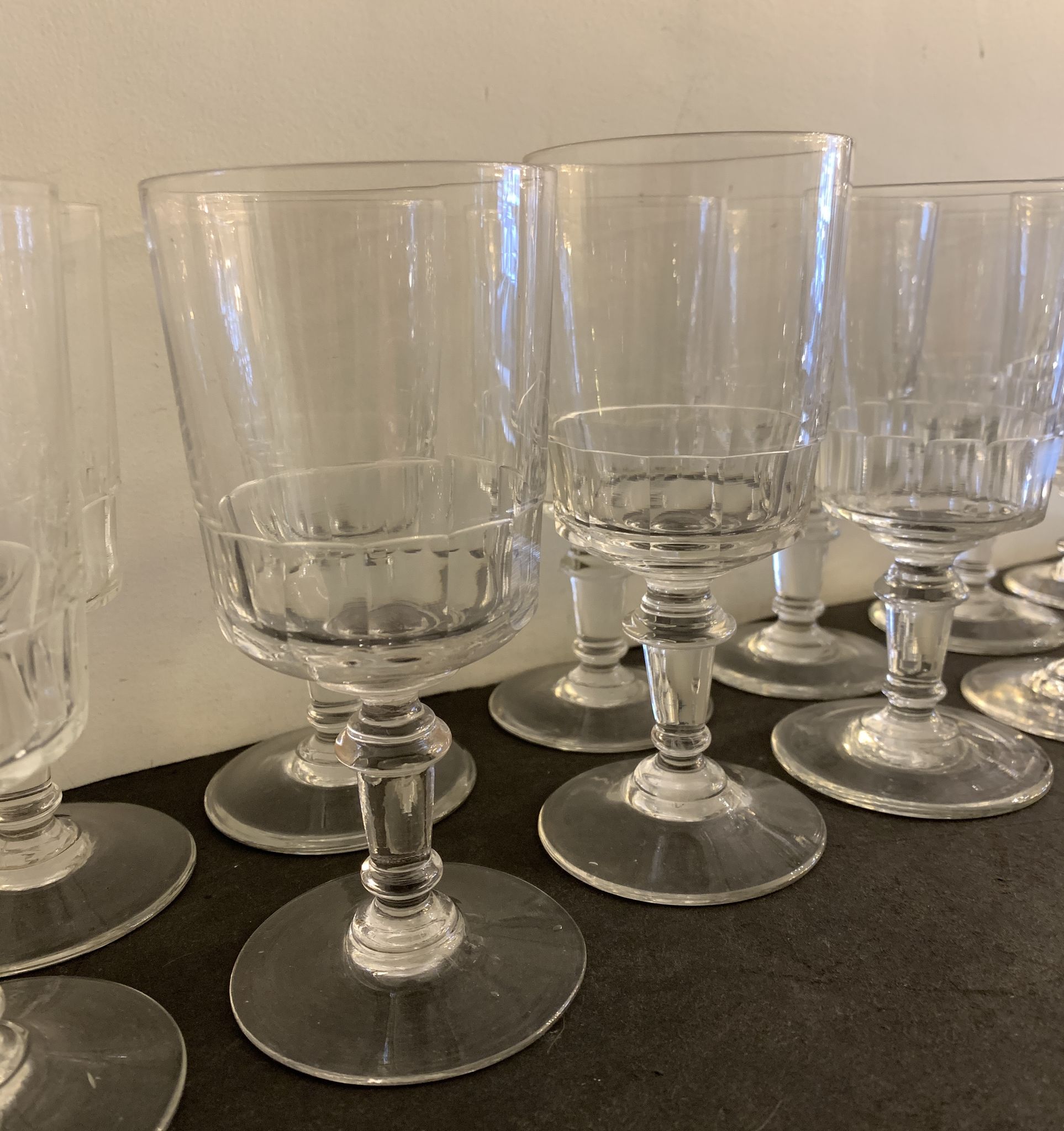 12 antique blown stemmed glasses, Mirabeau model of Baccarat