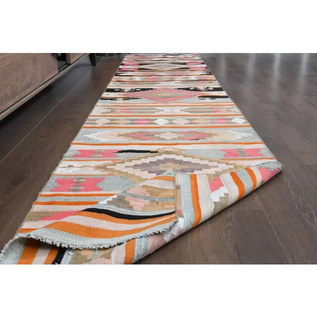 Vintage Turkish Oushak Handmade Wool Cotton Pink Runner Rug 69x333