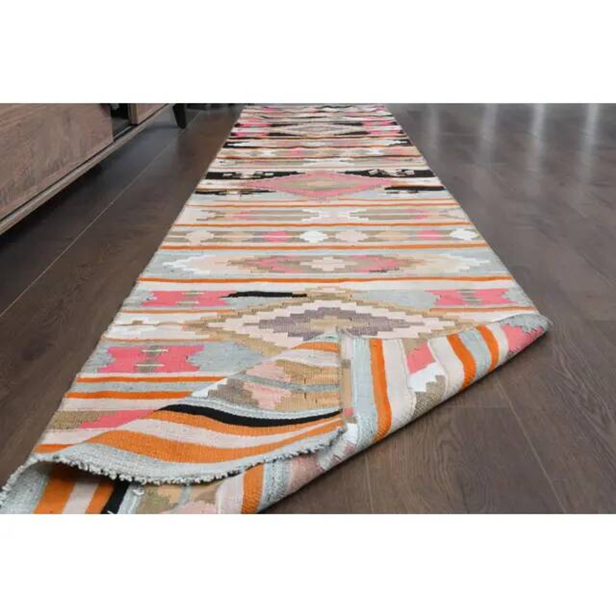 Vintage Turkish Oushak Handmade Wool Cotton Pink Runner Rug 69x333