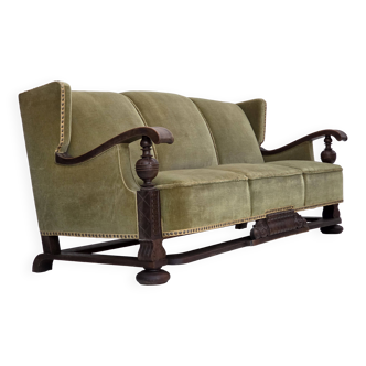 Canapé danois 3 places des années 1950, état d'origine, mobilier velours, chêne.