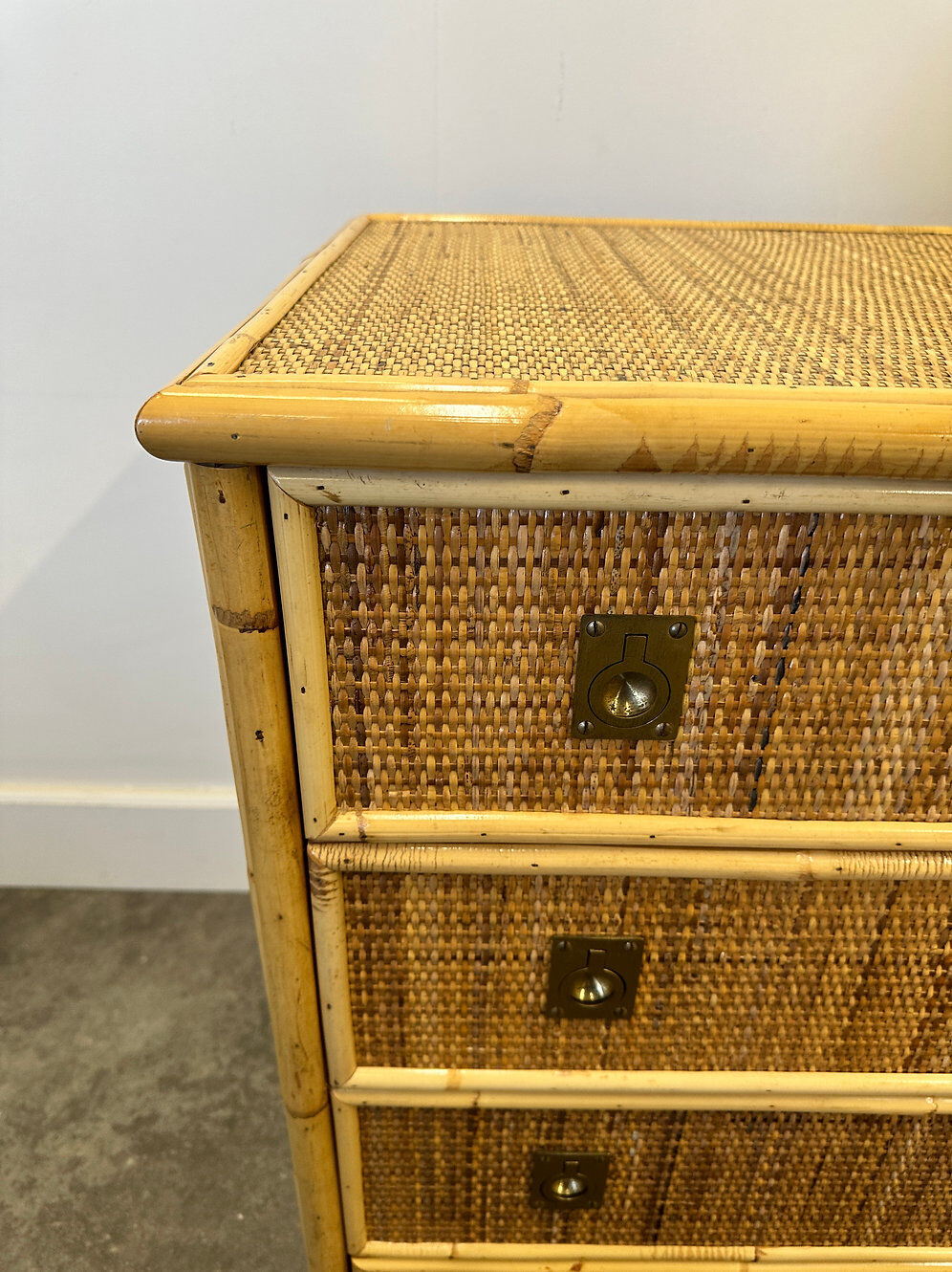 Midcentury bamboo, rattan and brass chest of drawers by Dal Vera, Italy, 1970s