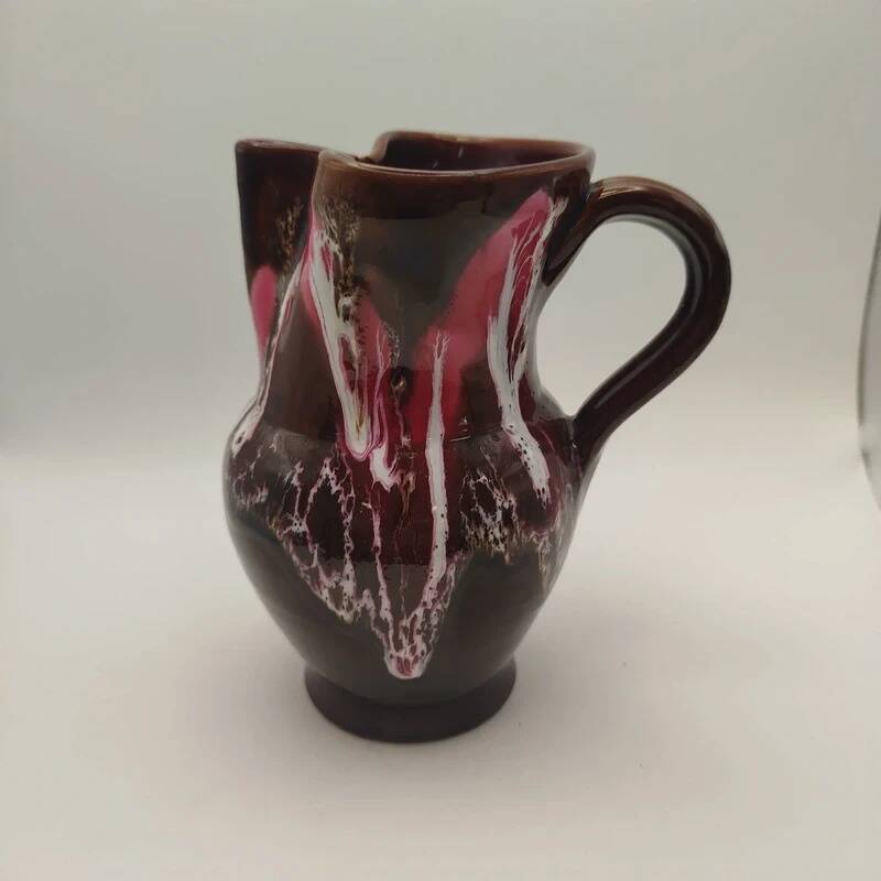 Pichet Vallauris vintage glazed ceramic with red drip design from the 1960s.