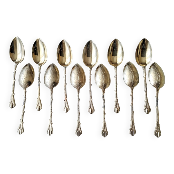 12 Cuillères à moka en métal doré  Deetjen  Modèle ''Grain de café