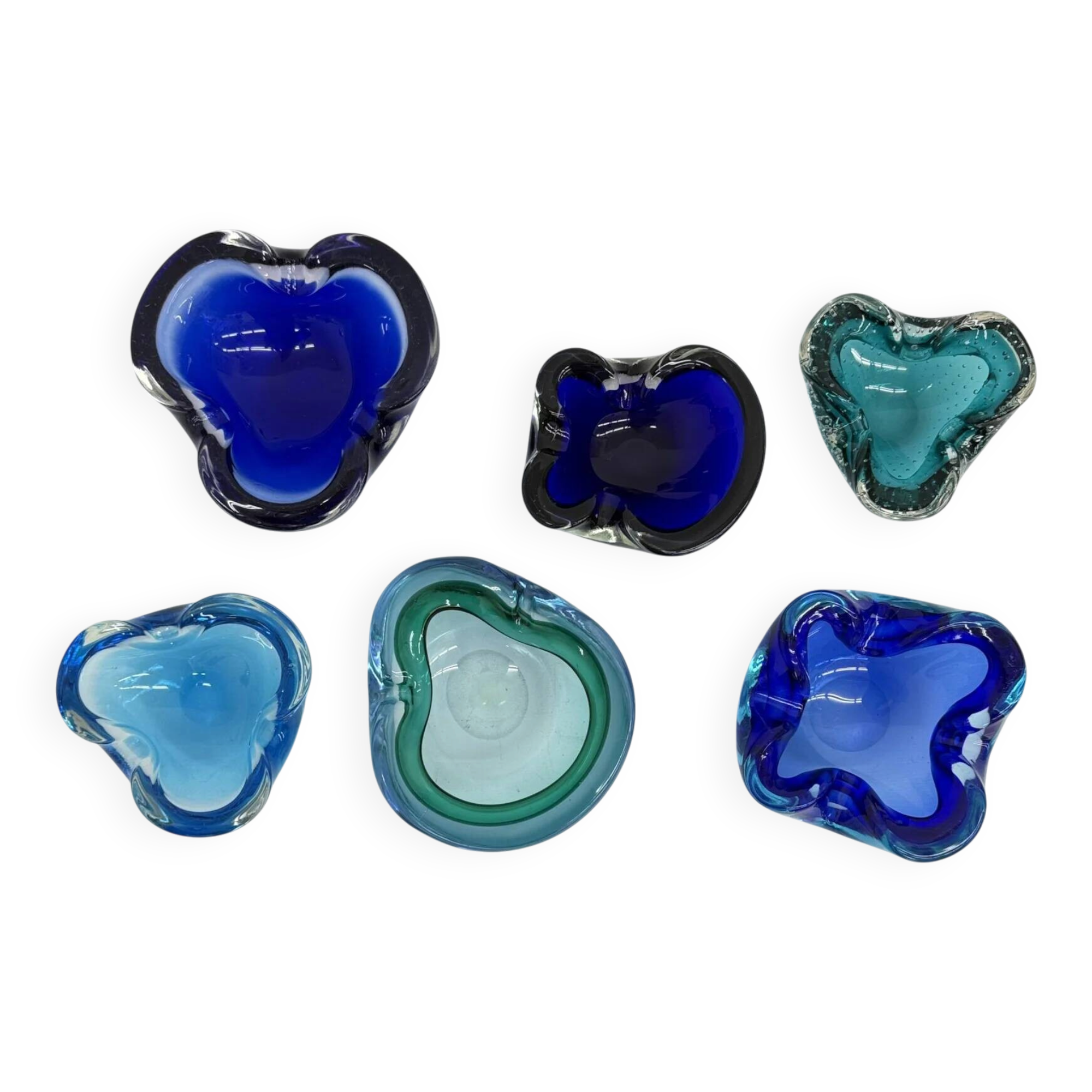 Mid-century design set of 6 blue Murano glass bowls, 1970s