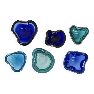 Ensemble de 6 bols en verre de Murano bleu des années 1970, design du milieu du siècle.