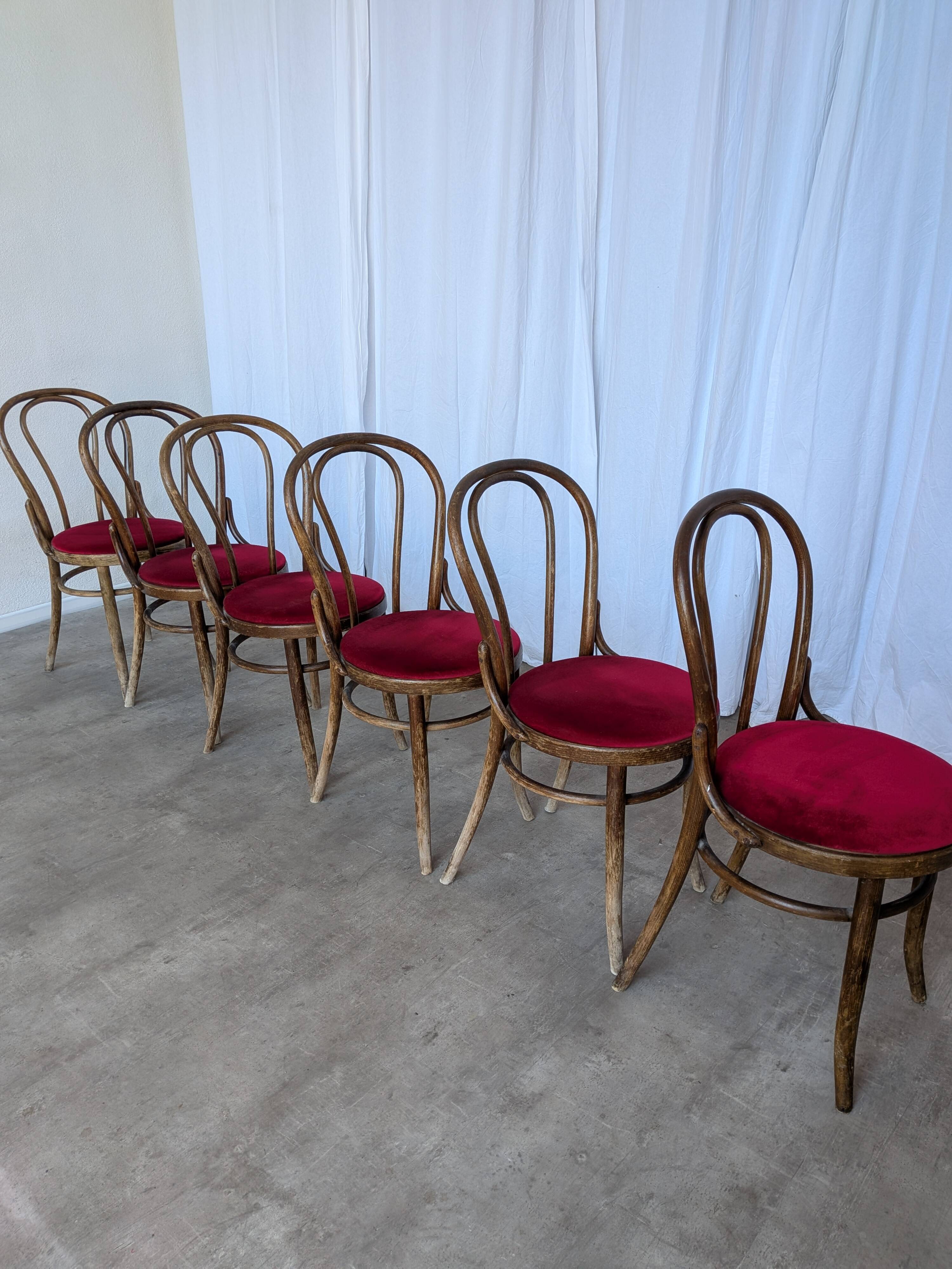 Set of 6 Vintage Bentwood Dining Chairs Set: 1970s , Red Uphols