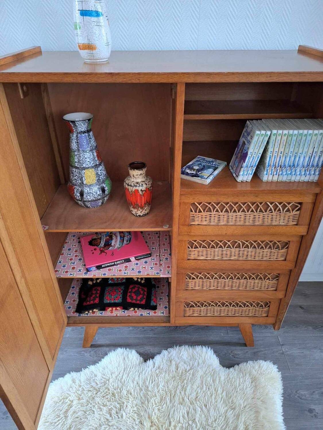 Vintage rattan cabinet with compass feet, old wicker chest of drawers